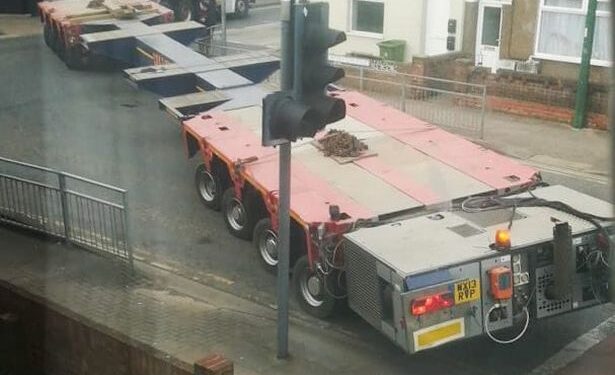 Massive transporter gets stuck leaving Grimsby after delivering new bridge